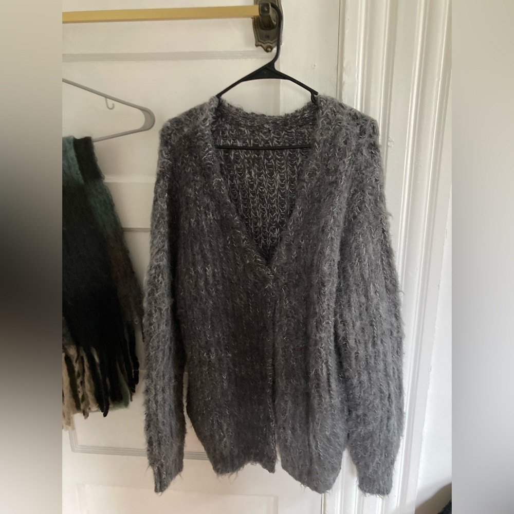 Oversized Shaggy Heather Grey Knit Cardigan Made in Japan